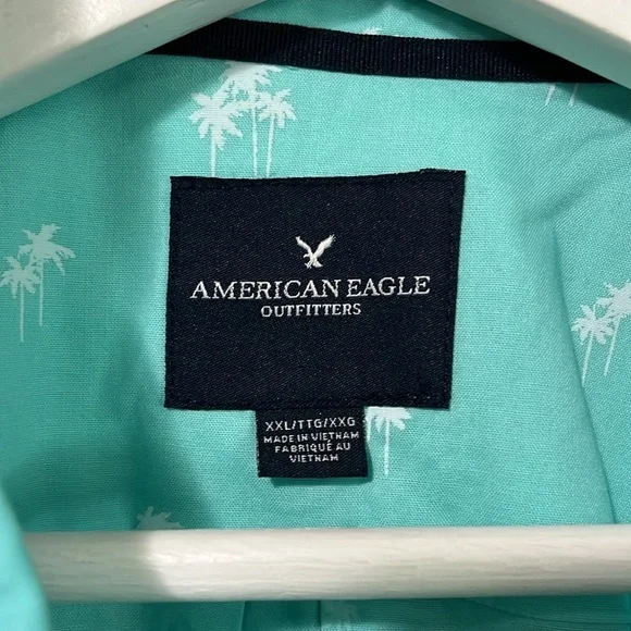American Eagle Teal Blue Poplin Palm Tree Print Button Down Classic Fit Shirt - Picture 10 of 11